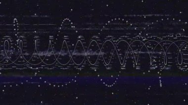 Parçacıklar titreşen noktalı dalgalar başlatıyorlar, veri akışını gösteren mavi bant döngüsünü süpürüyorlar. Dijital, teknoloji, soyut, dinamik, fütüristik, görselleştirme, hareket