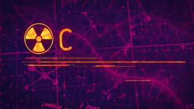 Parlak tehlike simgesi ızgarada beliriyor, çizgiler kayıyor etiketi eritip uyarı eylemine dönüştürüyor. Gelecek, dijital, uyarı, teknoloji, bilim, arayüz, neon