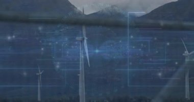 Yavaş esinti, dönen merkezi türbin bıçaklarını toplarken aynı zamanda çiftlikteki güç verilerini de örtüyor. Yenilenebilir, sürdürülebilirlik, dijital, geleceksel, enerji, otomasyon, çevre