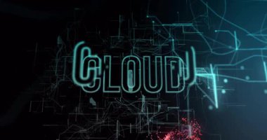 CLOUD 'u takip eden titreşen ağ hatları veri için neon bulut anahatları oluşturan dönen parçacıklar. Neon, soyutlama, dijital, geleceksel, teknoloji, ağ, siber