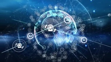 3D görüntüleme, küresel değişime bağlı ağ simgelerine veri akışı gönderiyor. Holografik, dijital, bağlantı, ağ, veri, teknoloji, yenilik