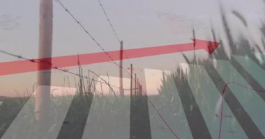 Kırmızı okun içeri girmesi çiti takip eden veri hattını tetiklerken parmaklıkların yükselmesi eğilimi görselleştiriyor. Kırsal, peyzaj, veri görselleştirme, bilgi grafikleri, grafik elementler, tarım, doğal