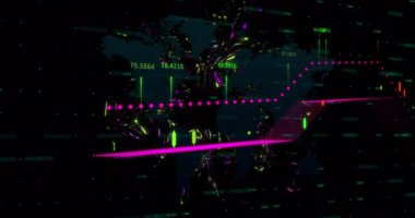 Harita yay çizgisi çubuklarında veri görselleştirmesi başlatılıyor yükselen ok grafiği eğilimleri gösteriyor. Analizler, dijital, soyut, bilgi, fütüristik, hareket, ilerleme