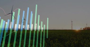 Başlangıçta şeffaf veri çubukları rüzgar çiftliği üzerinde yükseliyor ve mor çizgi enerji eğilimini gösteriyor. Teknoloji, sürdürülebilirlik, yenilenebilirlik, görselleştirme, eko, doğa, yenilik