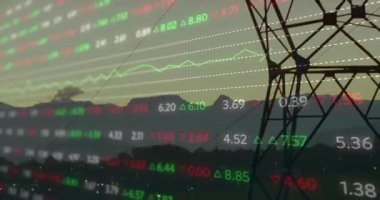 Pazar verileri alacakaranlık sırtı tepesinde enerji eğilimlerini göstermek için yükselen ve dönen bir kule olarak ortaya çıkıyor. Gelecek, teknoloji, altyapı, dijital, veri görselleştirme, sanayi, manzara