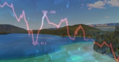 Holografik kırmızı-pembe çizgi grafiği göl manzarasında kayboluyor, piyasa değişimlerini gösteren verileri canlandırıyor. Fütürist, dijital, manzara, dinginlik, teknoloji, görselleştirme, eko
