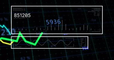 3 boyutlu veri tablosu dalgalanmaya başlarken yeşil çizgi metrik eğilimleri göstermek için titreşiyor. Analizler, veriler, görselleştirme, teknoloji, arayüz, dijital, gelecekçilik