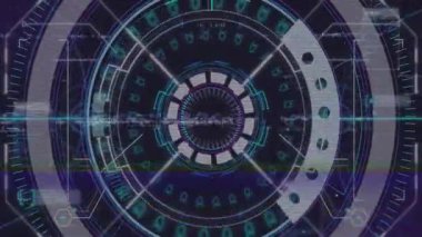 Karanlık arayüz, dönen halkaları başlatıyor. Titreşen düğümler ve tarama için titreşen aksaklıklar. Gelecek, teknoloji, siber güvenlik, animasyon, dijital arayüz, neon