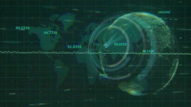 Başlangıçta, dünya haritası ızgarası üzerinde veri akışını gösteren dönen işaretçiyle hareketli parçacık küresi oluşuyordu. Futuristik, arayüz, teknoloji, veri görselleştirme, dijital, soyut, hareket grafikleri