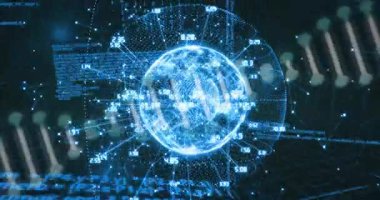 Şebekede görünen kablo küre ile açılıyor, halkalar oluşuyor, düğümler titreşiyor, sarmal verileri birbirine bağlıyor. Teknoloji, yenilik, veri görselleştirme, fütüristik, siber, dijital, ağ