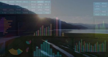 Güneş tepenin üstünden bakıyor. Sayısal tabloyu başlatıyor ve gölün doğuşunda finansmanı canlandırıyor. Manzara, gün doğumu, analitik, veri görselleştirme, manzara, sakinlik, teknoloji