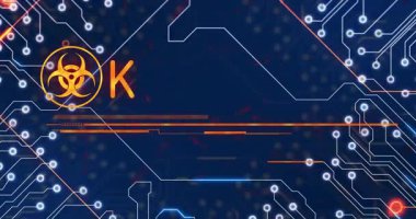 Biyolojik tehlike sembolü görünmeye başladı. Veri çubukları EMERGENCY yazarken iz bırakıyor. Alarm veriyor. Uyarı, siber güvenlik, teknoloji, dijital, uyarı, yayılma, tanı