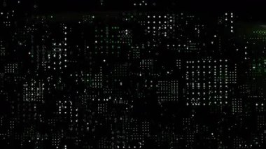 Beyaz semboller yanıp sönüyor, parlıyor yeşil parıltı yükseliyor, yay şeklinde süpürülen semboller kaybolan görselleştirme verileri. Soyut, veri, animasyon, teknoloji, fütürist, dijital, arayüz