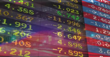 Başlangıçta dijital saat animasyonları ufuk çizgisinde, satıştaki eğilimleri gösteren kaydırma güncellemeleri. Teknoloji, finans, veri görselleştirme, modern, kentsel, finansal analiz, dijital ekran