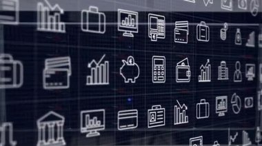 Yüklüyken, finansal simgeler donanma şebekesinde yavaşça sola kayarak parallax torpido gözünde akış yaratıyor. Finansal, teknoloji, dijital, analitik, veri, yenilik, şirket