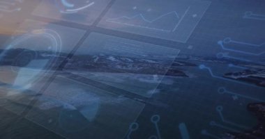 Şeffaf paneller solmadan ve canlı verileri gösteren ızgara oluşturmadan önce takımada sabit kalıyor. Fütüristik, veri görselleştirme, teknoloji, yenilik, dijital arayüz, ortam