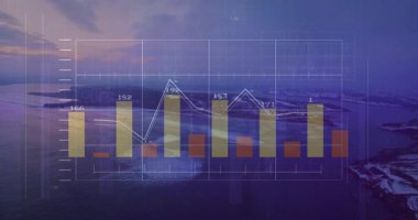 Alacakaranlık takımadalarında kaybolan bar çizelgesi, animasyon ızgarası, çubukları kaydırma ve verileri görselleştirme. Analizler, ilerleme, teknoloji, görselleştirme, okyanus, finans, fütürist