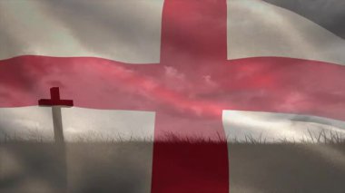 Afişte dalgalanan dalgalanan rüzgarda dalgalanan sancak sonra kızıl gökyüzüne doğru dalgalanan haç. Ruhani, sembolizm, inanç, esneklik, vatansever, minimalist, dramatik