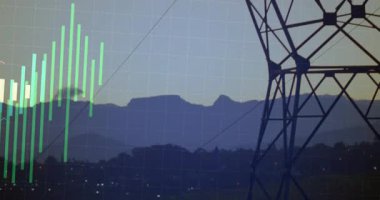 Alacakaranlık yaklaşırken, şebeke etkinleşirken güç eğilimlerini göstermek için direğin merkeze kayması gibi çubuklar yükseliyor. Enerji, altyapı, teknoloji, izleme, analiz, sürdürülebilirlik, bağlantı