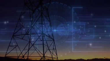 Şebeke çizgileri alacakaranlıkta çiziliyor, HUD çevirme, veri atımı, kule geri çekilmesi, şebeke verilerini görselleştirme. Futuristik, teknoloji, dijital, veri görselleştirme, arayüz, endüstriyel, yüksek teknoloji