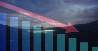 Başlangıç eğiminde kırmızı ok parlayan çizgiler altında düşüşü gösterir şekilde alçalıyordu. Analizler, veri görselleştirme, minimalist, finansal, dijital, profesyonel, eğilim