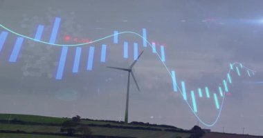Yenilenebilir enerji eğilimi değişimlerini görselleştirmek için rüzgar türbininin üzerinde dönen finansal örtüler. Yenilenebilir, sürdürülebilirlik, teknoloji, enerji, iklim, modern, çevre dostu