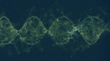 Cyan parıldadığında, yeşil iplikler kümeler oluşturur. Sinir dalgaları titreşir zigzag ışığını takip eder. Gelecek, dijital, teknoloji, bağlantı, soyut, neon, siber