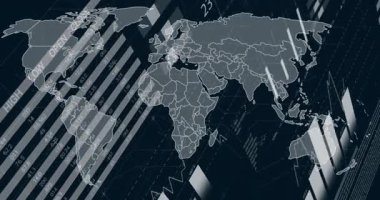 Karanlık ızgaranın üzerinde beliren stilize harita, kayan çubuklar ve çizgiler, sürüklenen şekiller, görselleştirilen veriler. Teknoloji, analitik, soyutlama, gösterge paneli, bilgi, dijital, veri