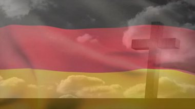 Fırtına bulutları Alman bayrağını dalgalandırıyor, katlıyor, bulutların üzerinde ahşap haç siluetini ortaya çıkarıyor. Vatansever, sembolik, atmosferik, dinamik, karamsar, miras, esneklik