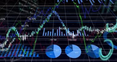 Izgara örtüsü başlıyor, mumlar tırmanıyor, pasta ve bar grafikleri büyüyor, donut dönüşümü trendleri gösteriyor. Finans, analitik, veri, dijital, teknoloji, yatırım, görselleştirme