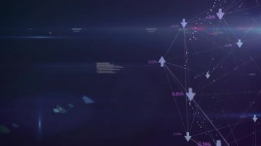 Başlangıçta veri eğilimleri gösterilirken değerleri güncelleyen soyut veri ağı oluşturma düğümleri ve oklar oluşturulur. Dijital, fütüristik, dinamik, teknoloji, görselleştirme, siber, soyut