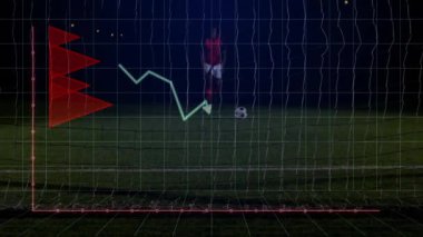 Erkek futbolcu ağırlığını değiştiriyor spora başlıyor kırmızı çubukları titreterek yeşil çizgi haritalama tekmesi atıyor. Atletik, performans, veri görselleştirme, modern, dinamik, rekabetçi, strateji