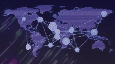 Mor dünya haritası açılıyor, kullanıcı simgeleri dallanma çizgileri atıyor noktalı harita üzerinde küresel ağ oluşturuyor. Teknoloji, bağlantı, dijital, iletişim, yenilik, ağ, siber uzay