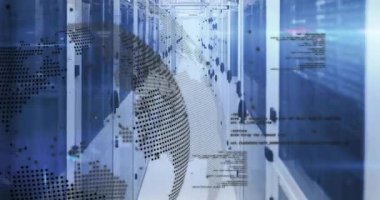 Sunucu koridorunda yer değiştiren nokta matris küresi, veri akışını tekrar ortaya çıkararak çözünür. Teknoloji, siber uzay, yenilik, dijital, ağ, bilgi, fütürist