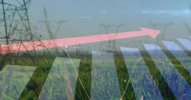 Panorama kulelerinin açılması, çizgi grafik olarak yükselen çubuklar yukarı doğru kayan oklar büyümeyi gösteriyor. Veri analizi, finansal büyüme, teknoloji, enerji, altyapı, sürdürülebilirlik, ilerleme