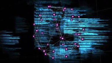 Kaydırma kodu ile başlayan 3D ağ küresi ortaya çıkıyor, dönüyor, sinyal düğümleri simgeleri bağlantıları gösteriyor. Fütürist, teknoloji, dijital, bağlantı, yenilik, siber alan, soyut