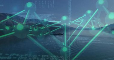 Şeffaf 3D ağ kod akışını başlatıyor kayığın gölde süzüldüğünü gösteriyor. Gelecek, teknoloji, yenilik, spor, takım çalışması, doğa, sükunet