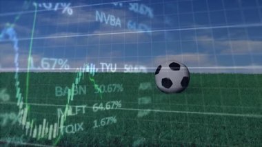 Çimenler gökyüzüne çıktıktan sonra, futbol topu zıplıyor, borsa tablolarının üzerinde yuvarlanıyor ve trendleri gösteriyor. Finansal, yatırım, soyut, dinamik, analitik, modern, teknoloji