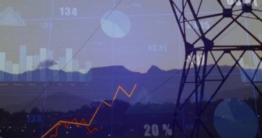 Gün batımı ufuk çizgisi merkezde kayarken çizgi grafikleri enerji eğilimlerini gösteriyor. Teknoloji, analitik, görsel, altyapı, veri, dijital, endüstriyel