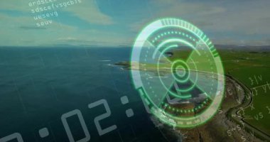 Şeffaf yeşil HUD kıyıda kayboluyor, zamanlayıcı sayılıyor ve dijital tarama için şifreleme yapılıyor. Futuristik, teknoloji, arayüz, navigasyon, dijital, görselleştirme, yüksek teknoloji