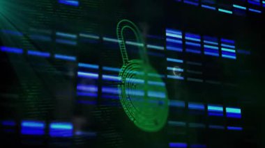 Yeşil kilit karanlık ızgaradan çıkıyor, kod çubukları şifrelemeyi göstermek için kaydırırken labirent oluşturuyor. Siber güvenlik, dijital, güvenlik, koruma, teknoloji, fütürist, şifreleme