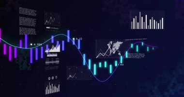 Karanlık alan, veri güncellemelerini gösteren neon trend çizgisi olarak salınan şamdan çubuklarını başlatıyor. Gelecekçi, analitik, dijital, görselleştirme, gösterge paneli, teknolojik, veri