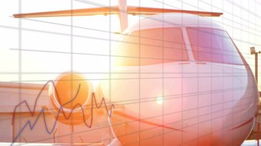 Kuyruk ızgarasının arkasında beliren alçak güneş, jet üzerinde salınan çizgiler pazar verilerini görselleştiriyor. Lüks, havacılık, teknoloji, finans, analitik, hız, kesinlik