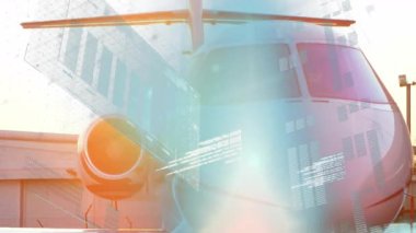 Jet burun, kaydırma ızgaraları ve kodlar üzerinde tarama başlatılıyor, çubuk grafiği görselleştiriliyor. Teknoloji, havacılık, veri, tanı, yenilik, gelecekçilik, uzay