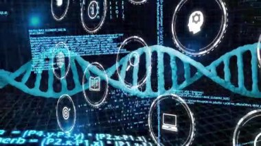 Başlangıçta veri akışını gösteren bilgi simgeleri zayıflarken, kaydırırken ve kod büyürken DNA sarmalı dönüyor. Teknoloji, yenilik, veri, bilim, dijital, fütürist, analitik