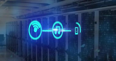 El sıkışma yayı raflarda kayboluyor kablosuz internet notasına kayıyor, telefon simgeleri akış için değişiyor. Teknoloji, bağlantı, dijital, ağ, iletişim, yenilik, veri