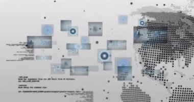 Küresel verileri görüntülemek için titreşen veri panelleri ile noktalı dünyayı döndüren kaydırma kodu. Teknoloji, yenilik, veri, görselleştirme, dijital, soyut, ağlar