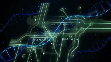 Mavi sarmal sarma ızgarası veri akışını gösterirken yeşil devre titreşim düğümlerini açıyorum. Gelecek, teknoloji, dijital, yenilik, siber, soyut, hareket