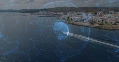 Küre sınırına giren sürat teknesi holografik küreyi tetikliyor, döndürüyor ve takip ediyor. Teknoloji, yenilik, deniz, navigasyon, dijital, estetik, fütürist