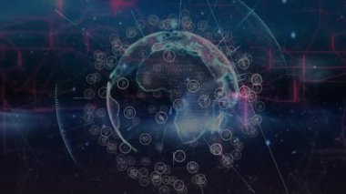 Yıldızlı arka plan dönen dünyayı başlatıyor ve düğümleri birleştiren simgeler ortaya çıkıyor, bağlantılar kuruyor. Teknoloji, bağlantı, ağ, veri, yenilik, siber, dijital